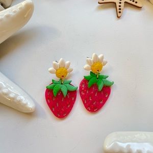 Sparkly glitter strawberry with flower earrings